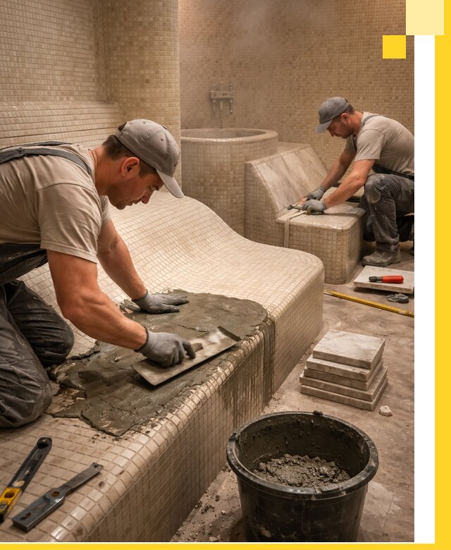 Лежаки для хамама под ключ в Соликамске, проект и монтаж